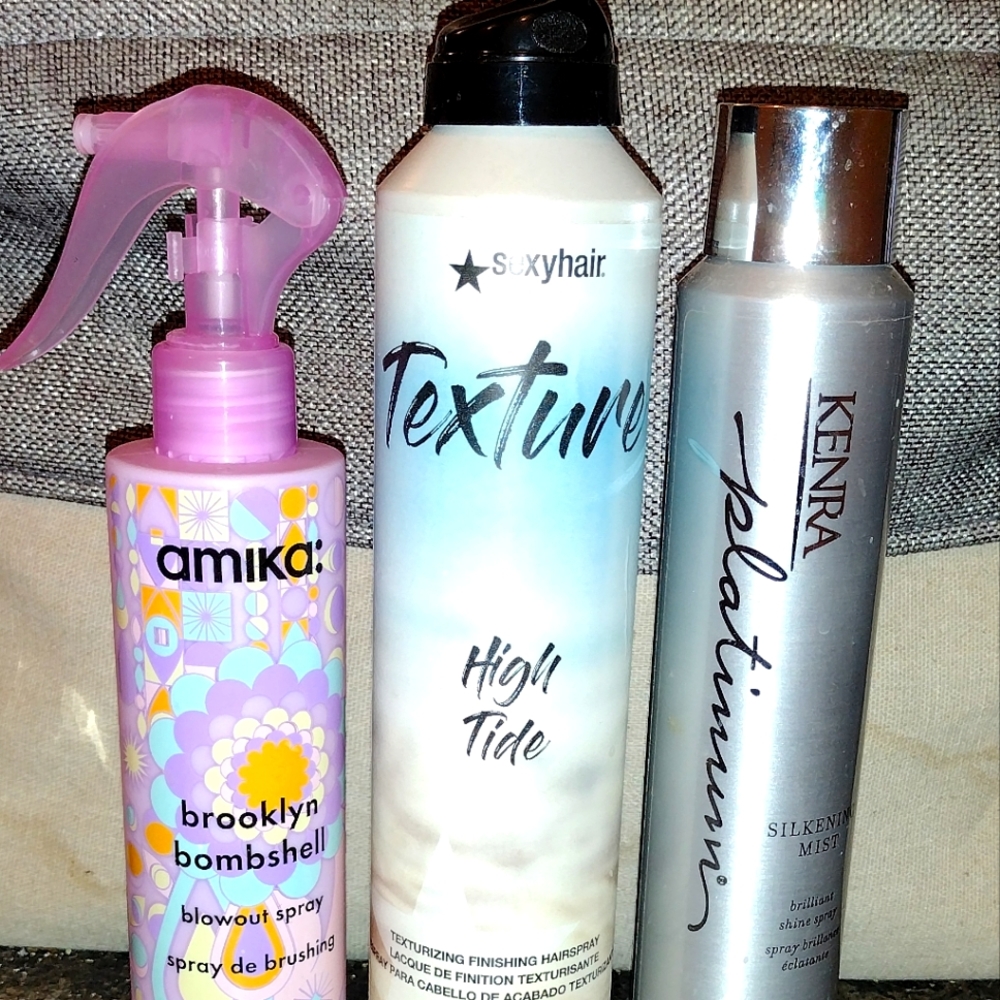 Amika bombshell blowout spray, kenra platinum silkening mist, sexyhair high tide